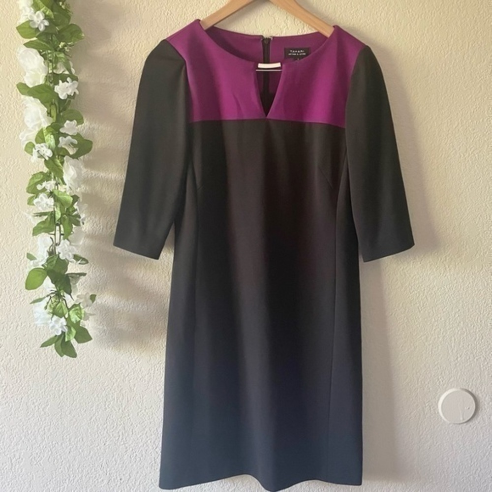 NWOT TAHARI ASL Purple Black Colorblock Gold Link Quarter Sleeve Sheath Dress